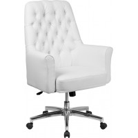 Flash Furniture BT-444-MID-WH-GG Mid-Back Traditional Tufted Leather Executive Swivel Chair with Arms in White